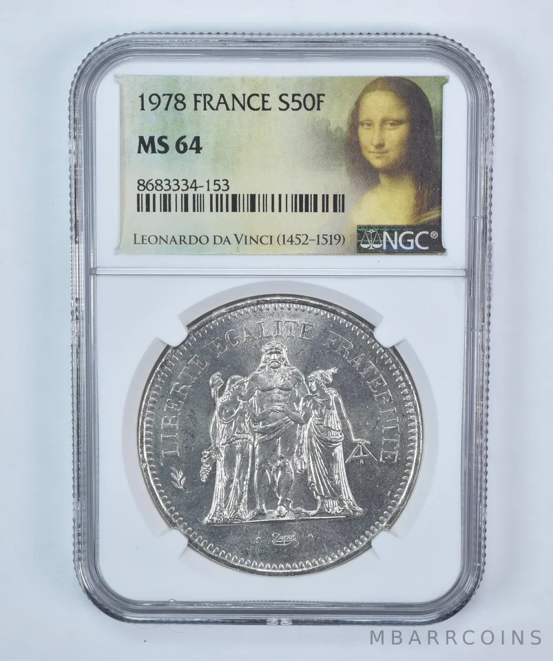 1978 France 50 Francs Silver MS64 NGC Mona Lisa Label