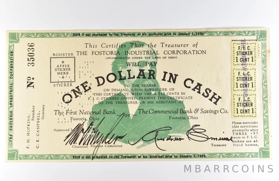1936 $1 Fostoria OH Industrial Corporation Obsolete Note *8584