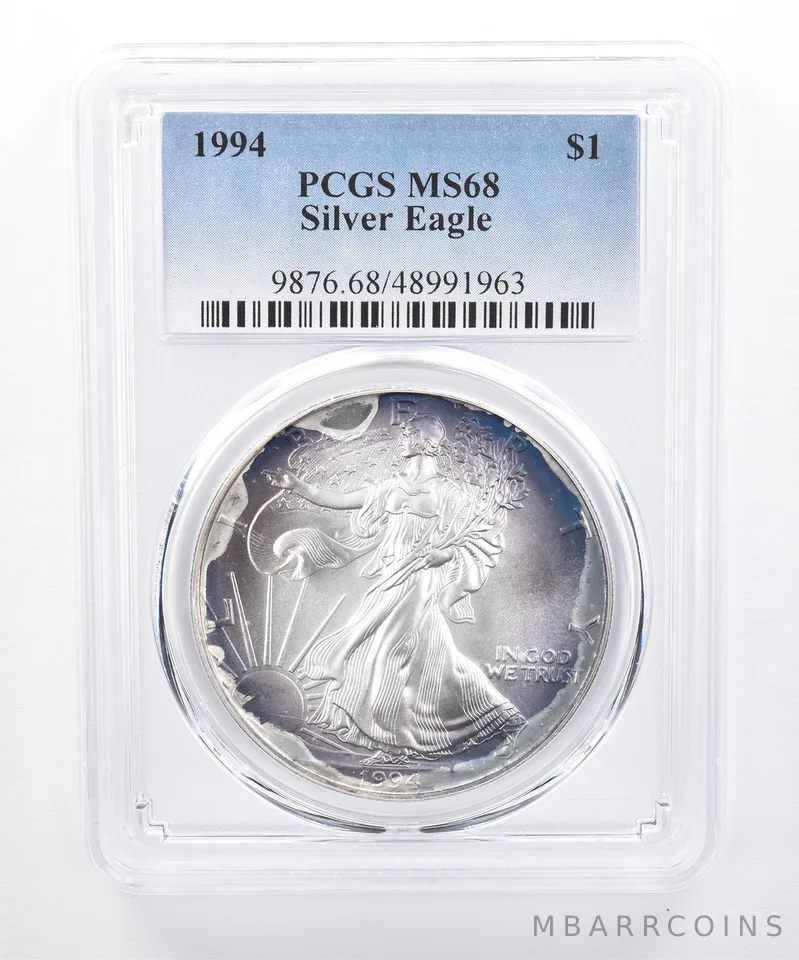 1994 American Silver Eagle MS68 PCGS Blue/Purple Tone *8468