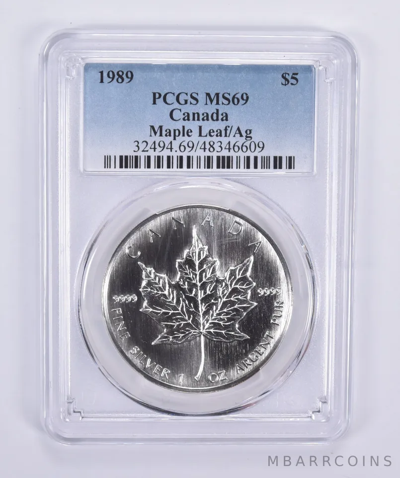 1989 Canada 5 Dollar Maple Leaf 1 oz Silver MS69 PCGS Blue Lbl