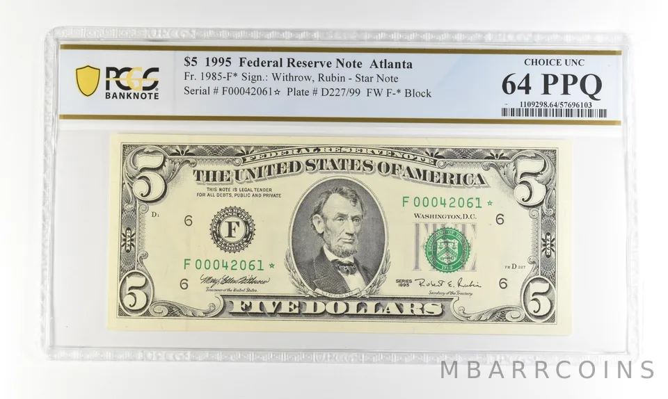 1995 $5 FRN Atlanta GA Fr#1985-F* Star Error Choice Unc 64 PPQ PCGS *4235