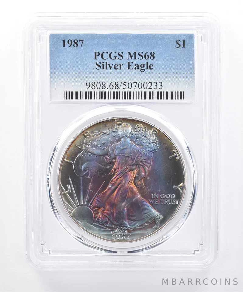 1987 American Silver Eagle MS68 PCGS Dark Rainbow Tone *8459