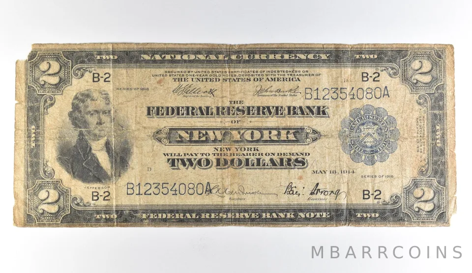 1918 $2 New York NY National Currency Large Note Blue Seal Battleship *1676