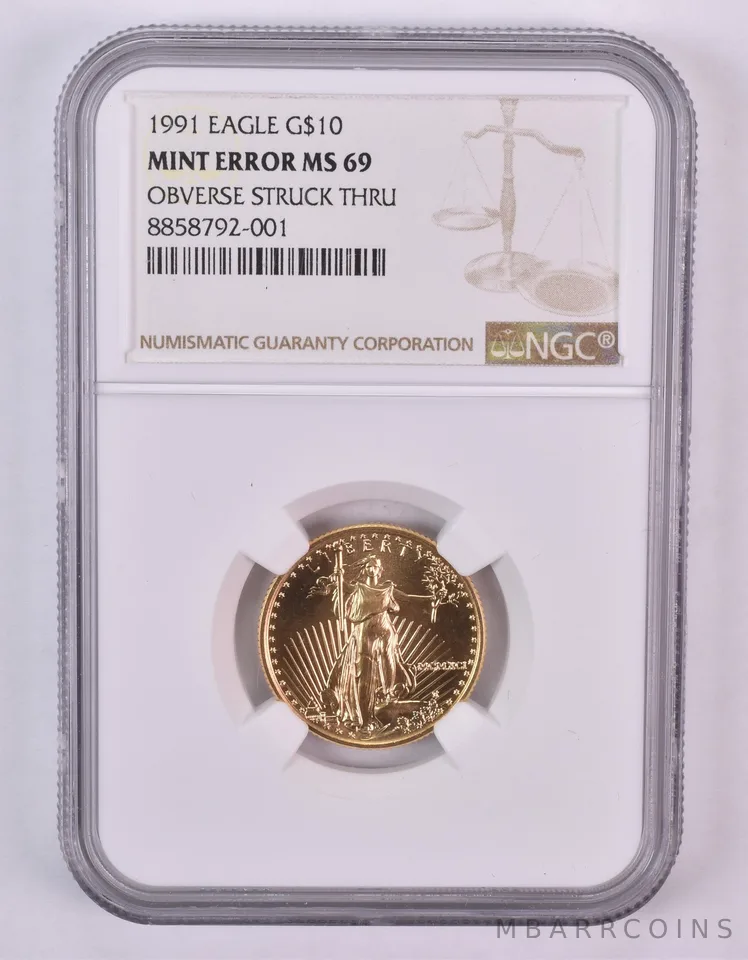 1991 $10 American Gold Eagle Mint Error Obv Struck Thru 1/4 Oz MS69 NGC *1001
