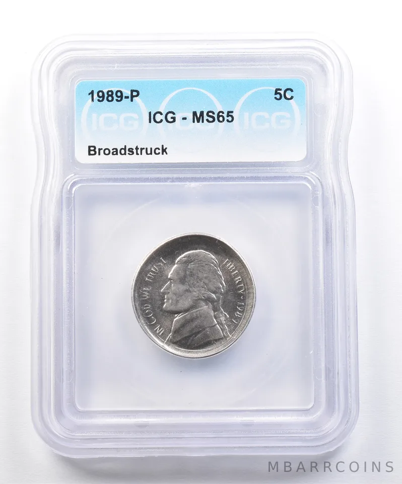 1989-P Jefferson Nickel Mint Error Broadstruck MS65 ICG a3949