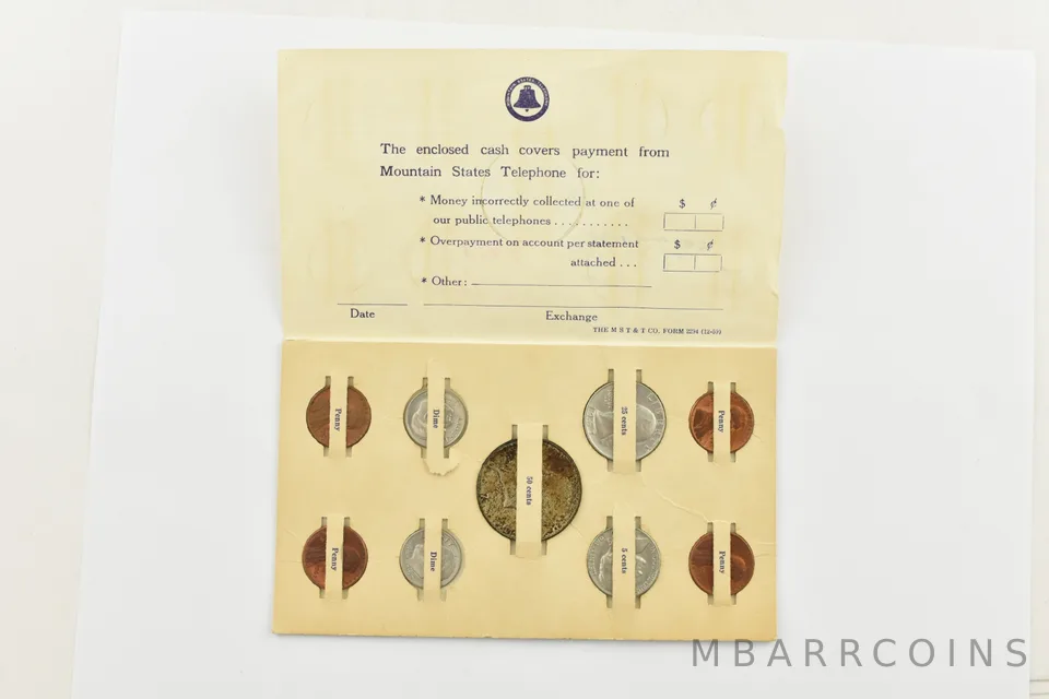 1967 Mountain States Telephone Company Overpaid Return Card 9 Coin Set a4963