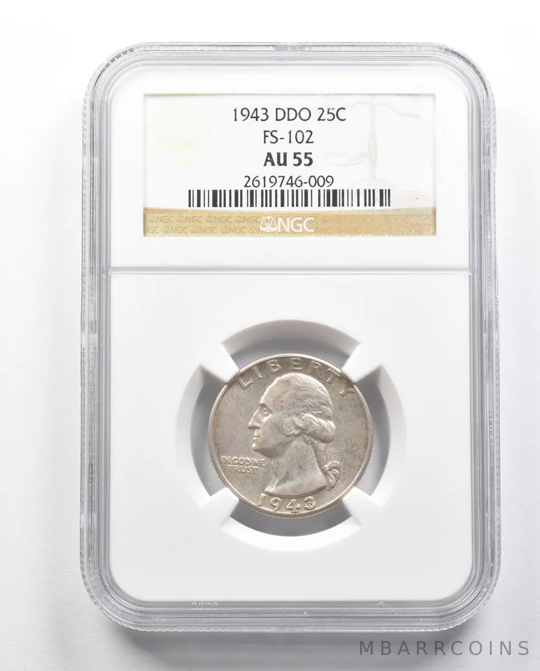 AU55 1943 Double Die Obverse Washington Quarter NGC RARE *3307