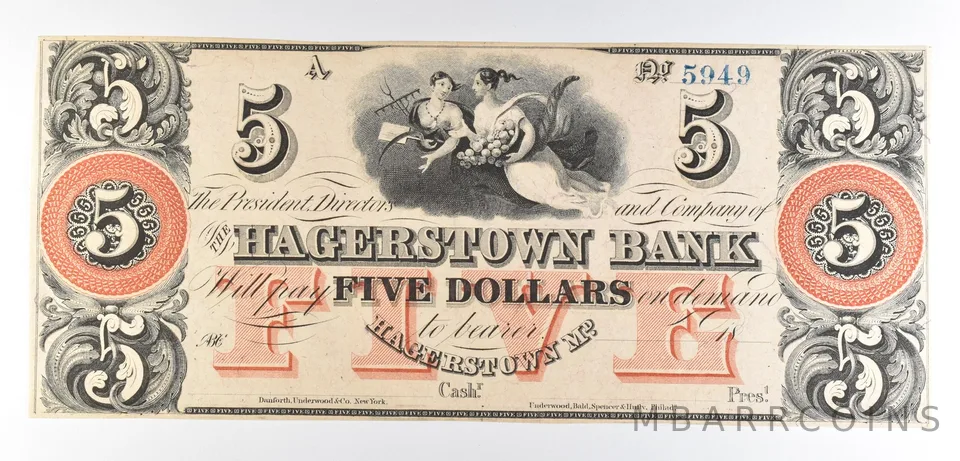 1800s $5 Hagerstown Bank MD Obsolete Note *8533