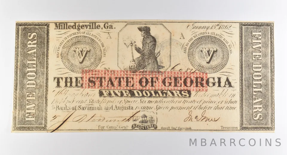 1862 $5 Milledgeville GA State Of Georgia Obsolete Note *3853
