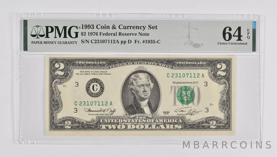 $2 1976 FRN 1993 Coin and Currency Set FR#1935-C PMG 64 EPQ