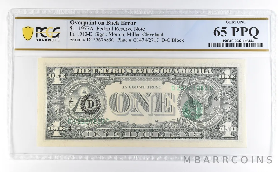 1977 A $1 FRN Cleveland OH Overprint Back Error Fr#1910-D Unc 65 PPQ PCGS *4617