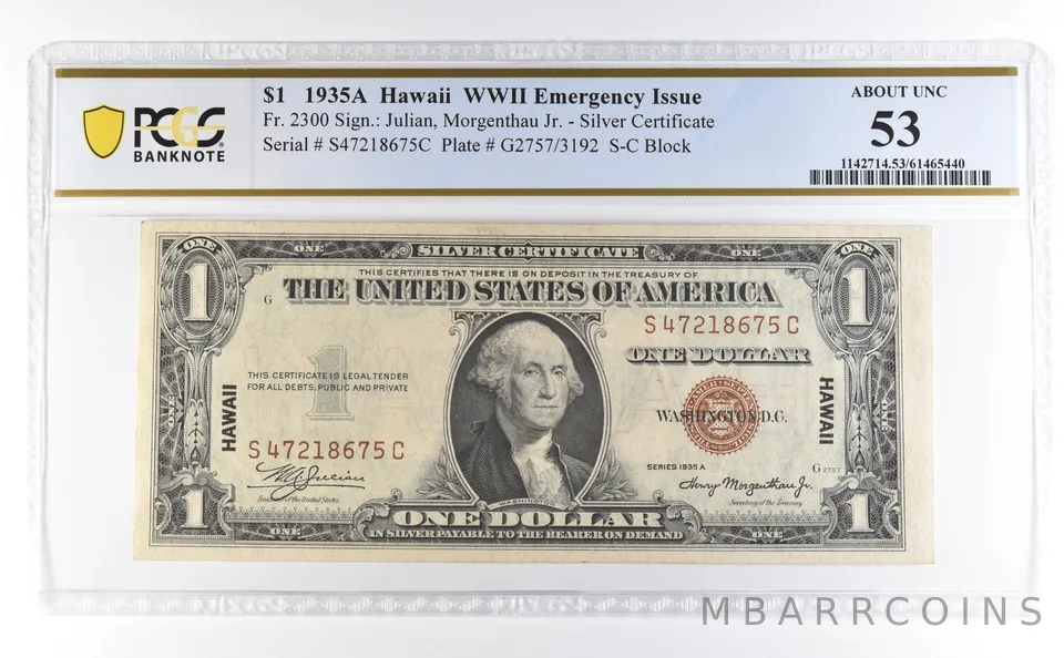 1935 A $1 Silver Certificate Hawaii WWII Emergency Fr#2300 AU 53 PCGS *4621