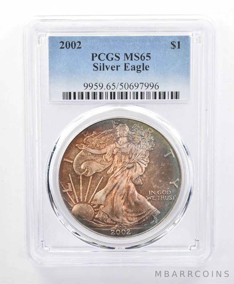 2002 American Silver Eagle MS65 PCGS Rainbow Tone *8680