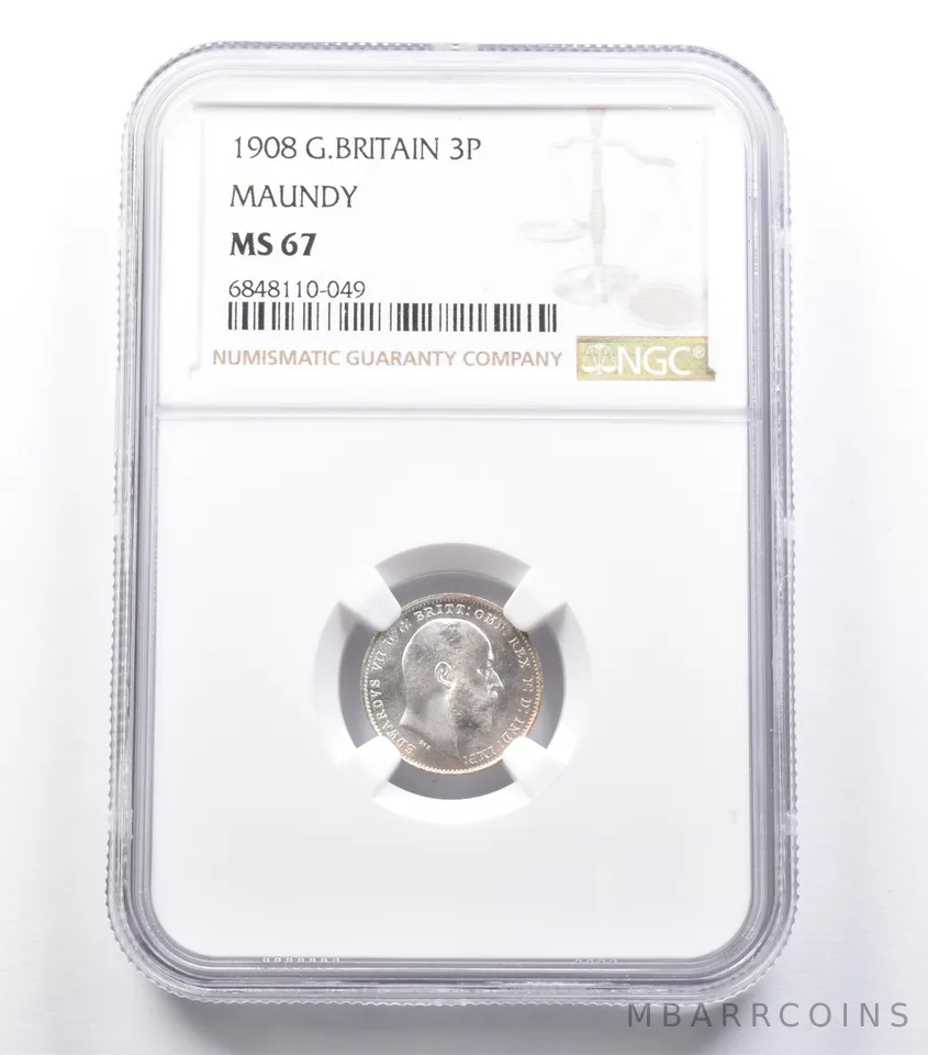 MS67 1908 Great Britain 3 Pence Maundy NGC a5318