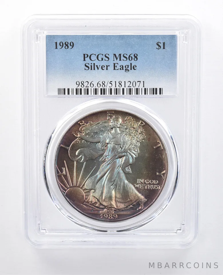 1989 American Silver Eagle MS68 PCGS Rainbow Tone *8179