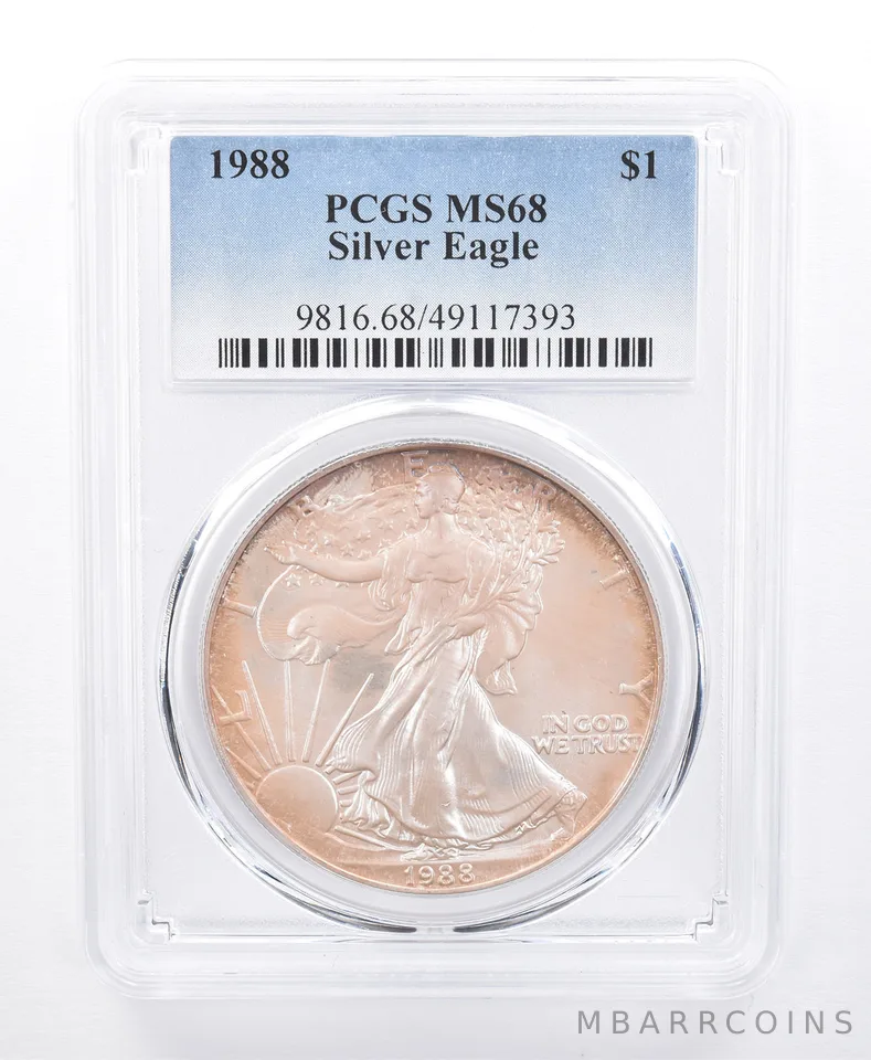 1988 American Silver Eagle MS68 PCGS Iridescent Tone *8602