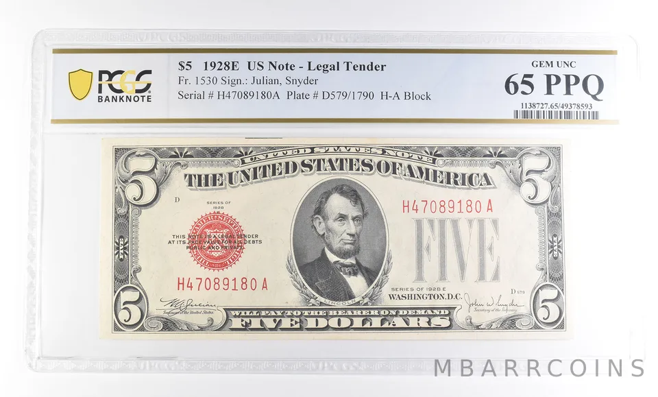 1928 E $5 US Legal Tender Fr#1530 Gem Unc 65 PPQ PCGS a2349