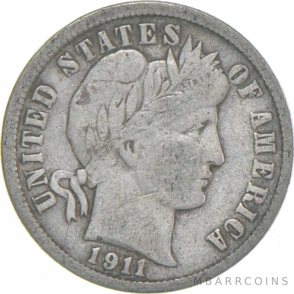 1911-S Barber Dime 90% Silver Average Circ