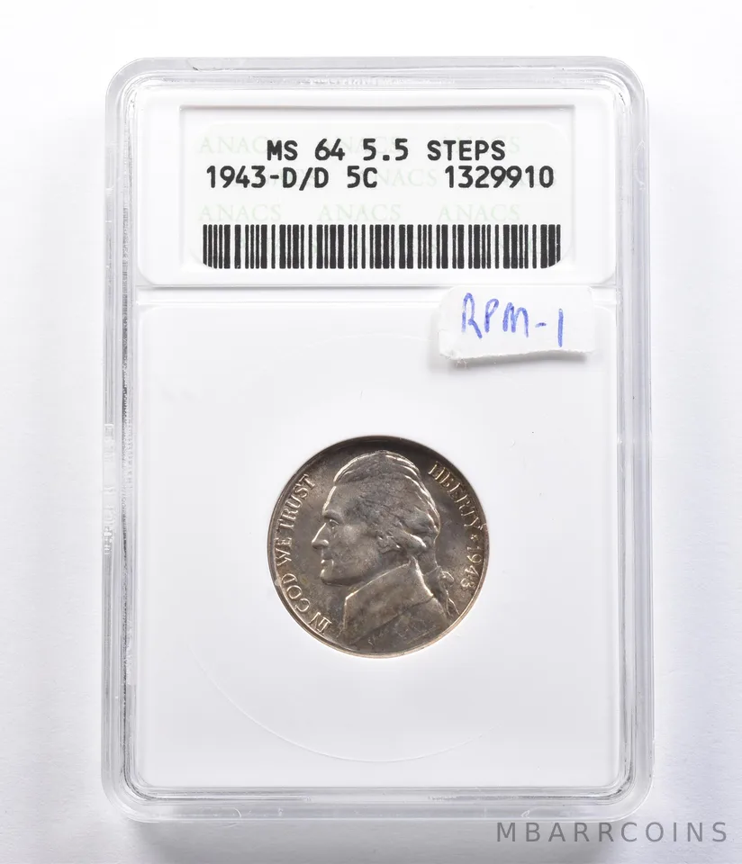 1943-D/D Jefferson Nickel MS64 5.5 Steps ANACS RPM-1 *8186
