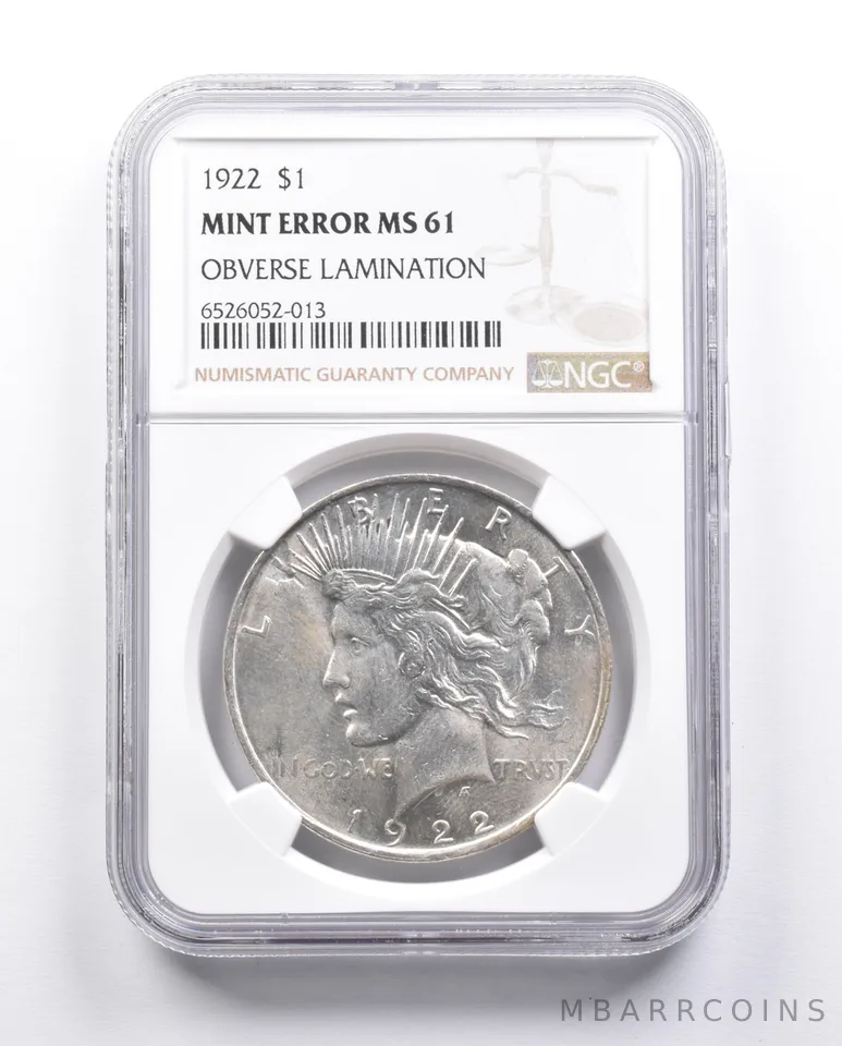 MS61 1922 Peace Silver Dollar Error OBV Lamination NGC *6647