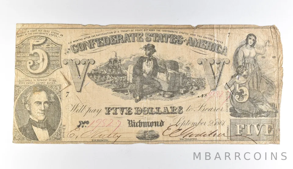 1861 $5 Confederate States Of America Richmond VA Obsolete Note *1661