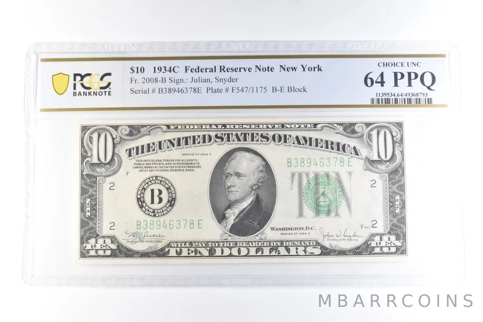 1934 C $10 New York NY FRN Fr#2008-B Choice Unc 64 PPQ PCGS a6076