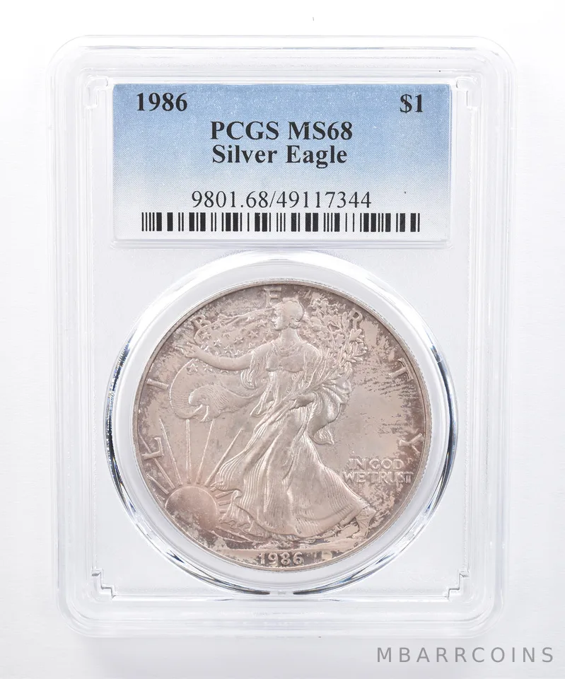 1986 American Silver Eagle MS68 PCGS Purple/Blue Tone *8438