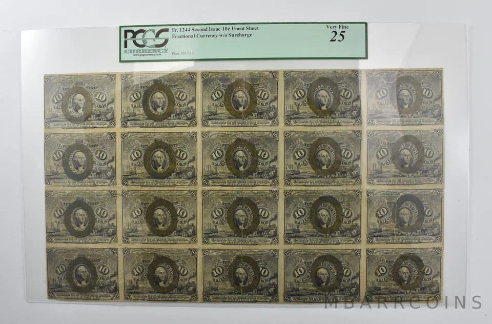 Fr#1244 2nd Issue 10 Cent Uncut Sheet Fractional W/O Surcharge VF 25 PCGS *4663