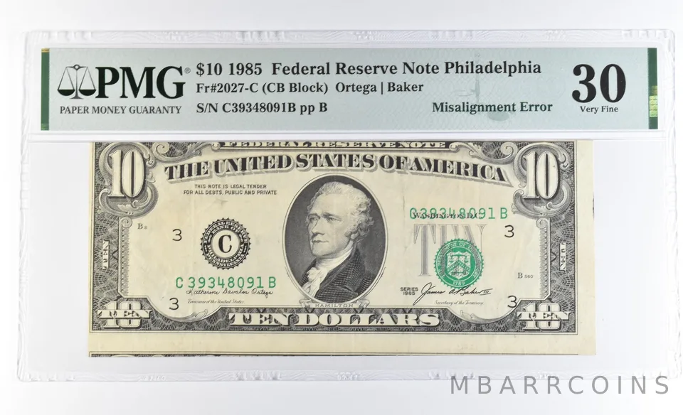 1985 $10 Philadelphia PA FRN Fr#2027-C Misalignment Error VF 30 PMG a1073
