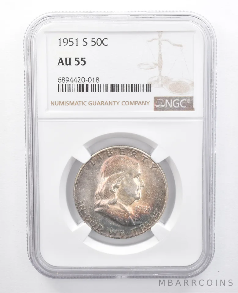 1951-S Franklin Half Dollar AU55 NGC Beautiful Blue Tone *7657