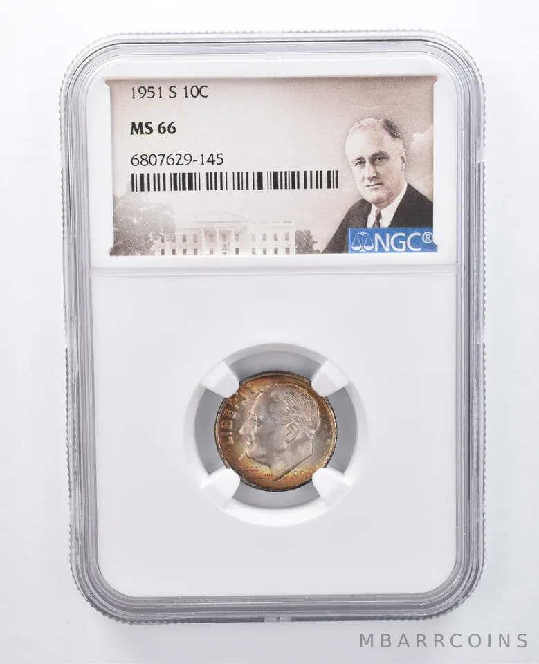 1951-S Roosevelt Dime MS66 NGC Red/Orange Tone *7961
