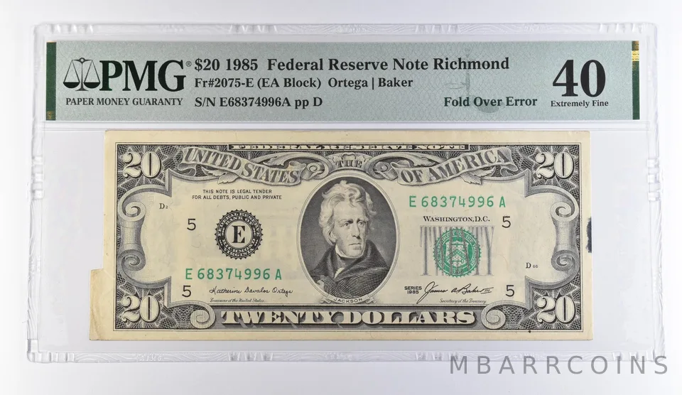 1985 $20 Richmond VA FRN Fold Over Error Fr#2075-E Extremely Fine 40 PMG *9461