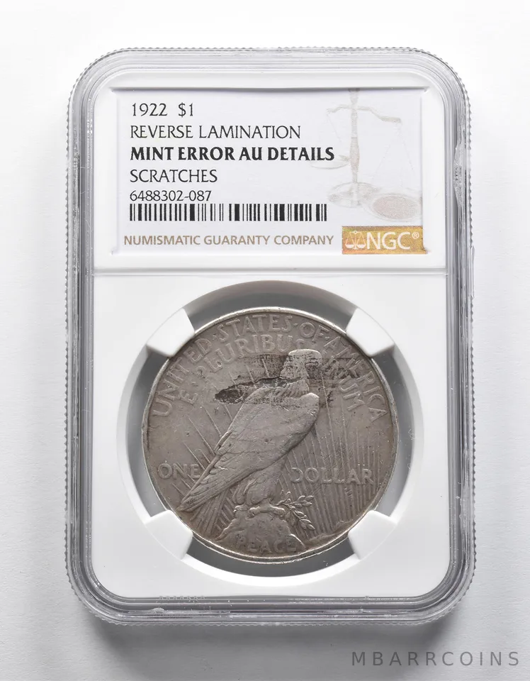 Mint Error AU Details 1922 Peace Silver $1 REV Lamination Scratches NGC *1899
