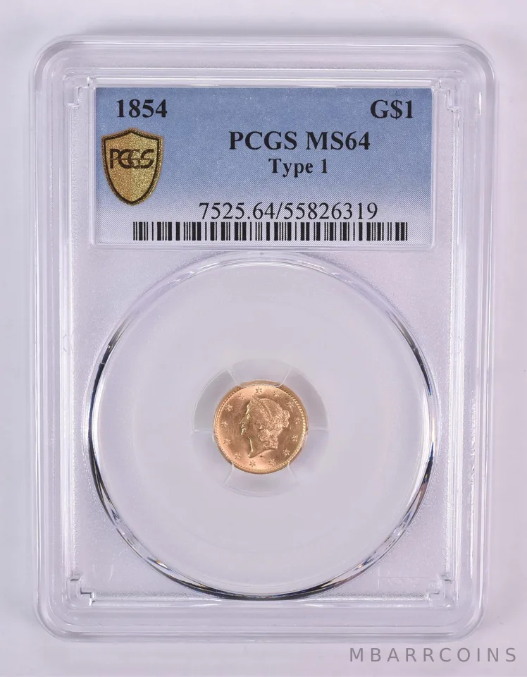 1854 $1 Liberty Head Gold Dollar Type 1 MS64 PCGS *1027