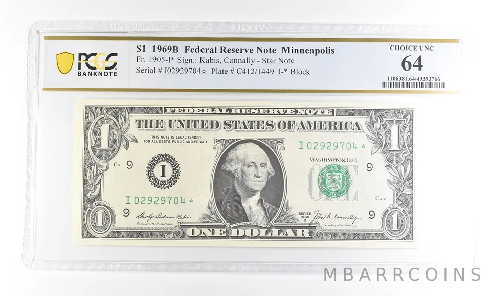 1969 B $1 Minneapolis MN FRN Star Note Fr#1905-I* Choice Unc 64 PCGS *2888