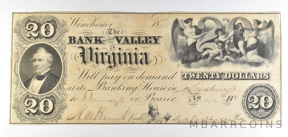 1856 $20 Winchester VA Bank Of The Valley Obsolete Note *8831