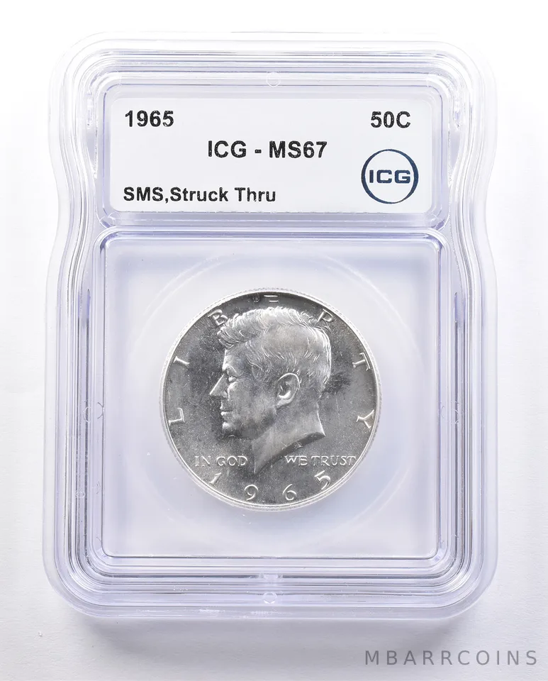 1965 Kennedy Half Dollar SMS Struck Thru MS67 ICG a2405