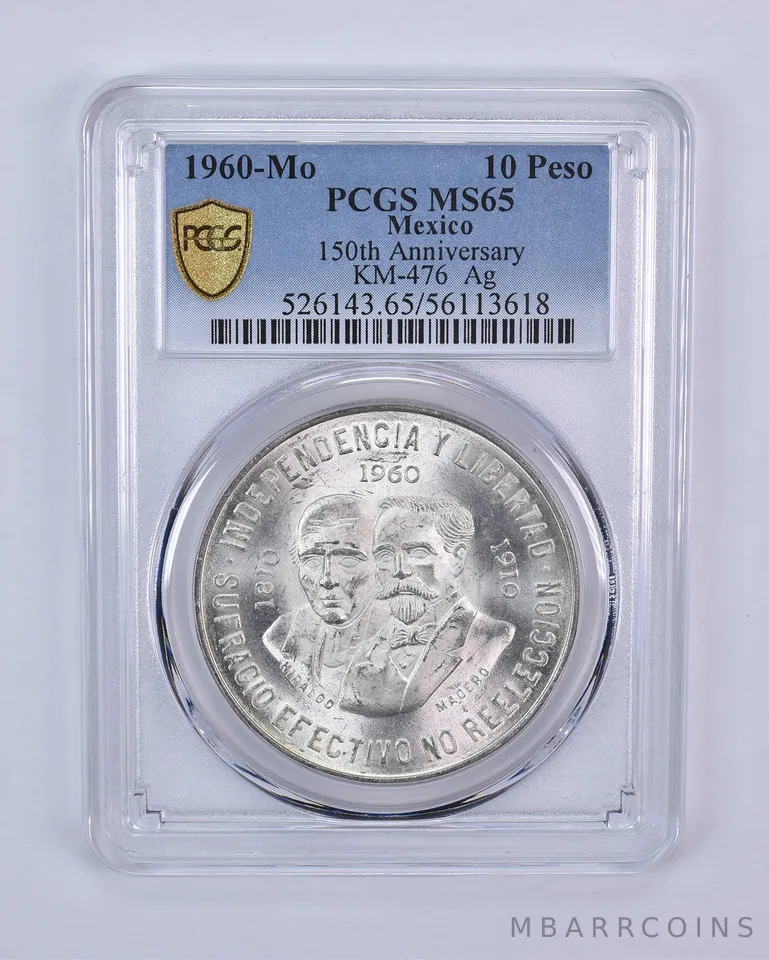1960 Mo Mexico 10 Pesos Silver 150th Anniversary KM-476 MS65 PCGS Blue Label