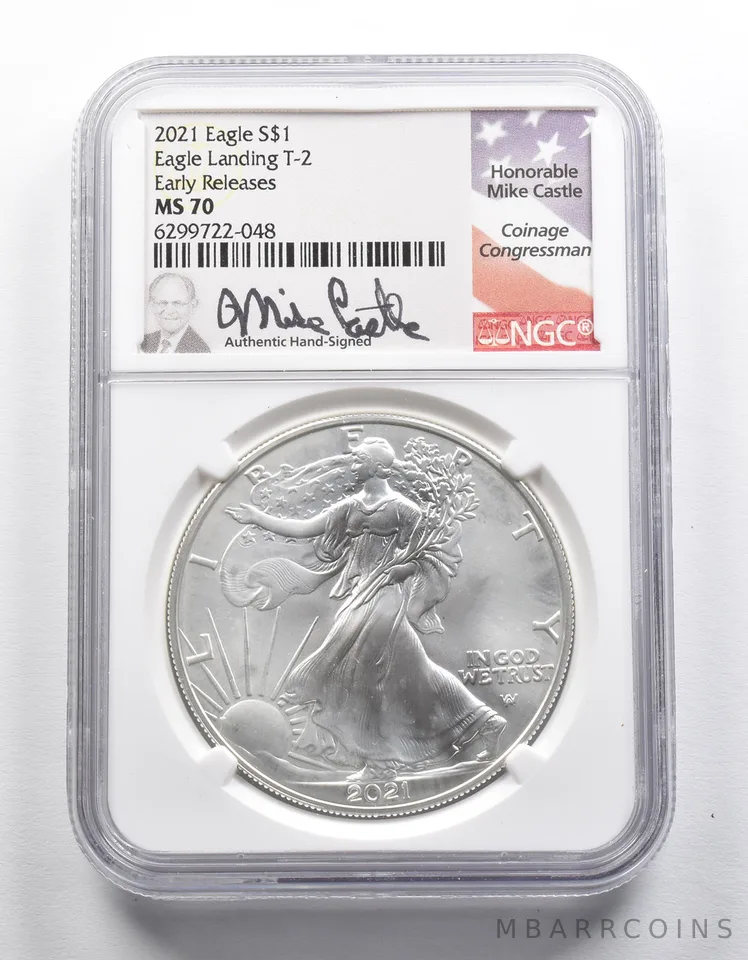 MS70 2021 American Silver Eagle Landing T2 ER Signed Castle NGC *2307