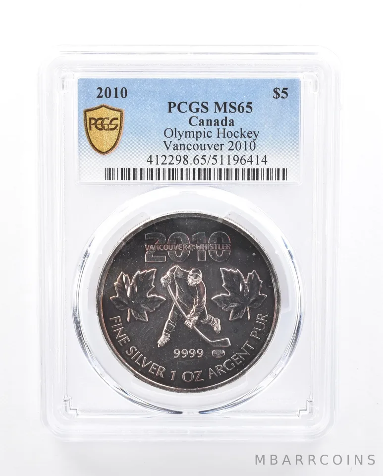 2010 Canada 5 Dollars Silver Vancouver Olympics Hockey MS65 PCGS Nice Tone *5373