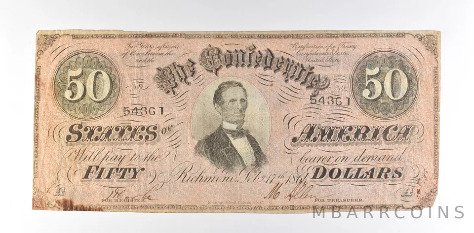 1864 $50 Confederate States Of America T-66 Large Note *8537