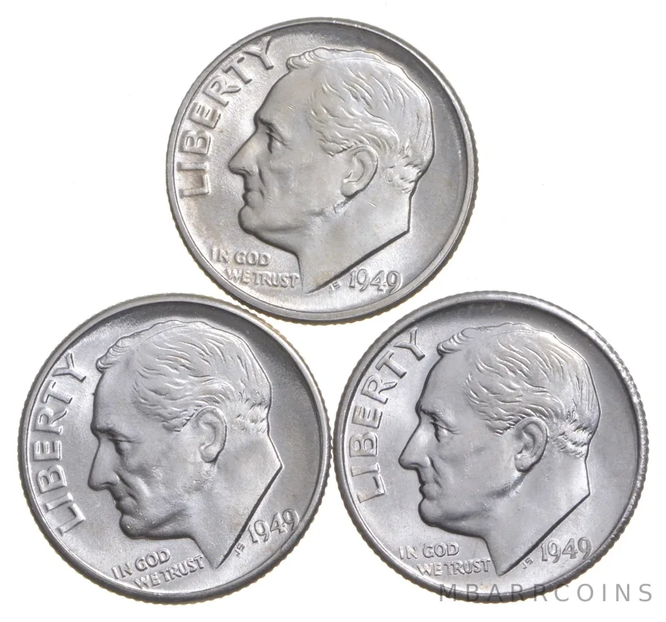 Choice Unc 1949 P+D+S Roosevelt Dime Gem BU Collection Lot Set