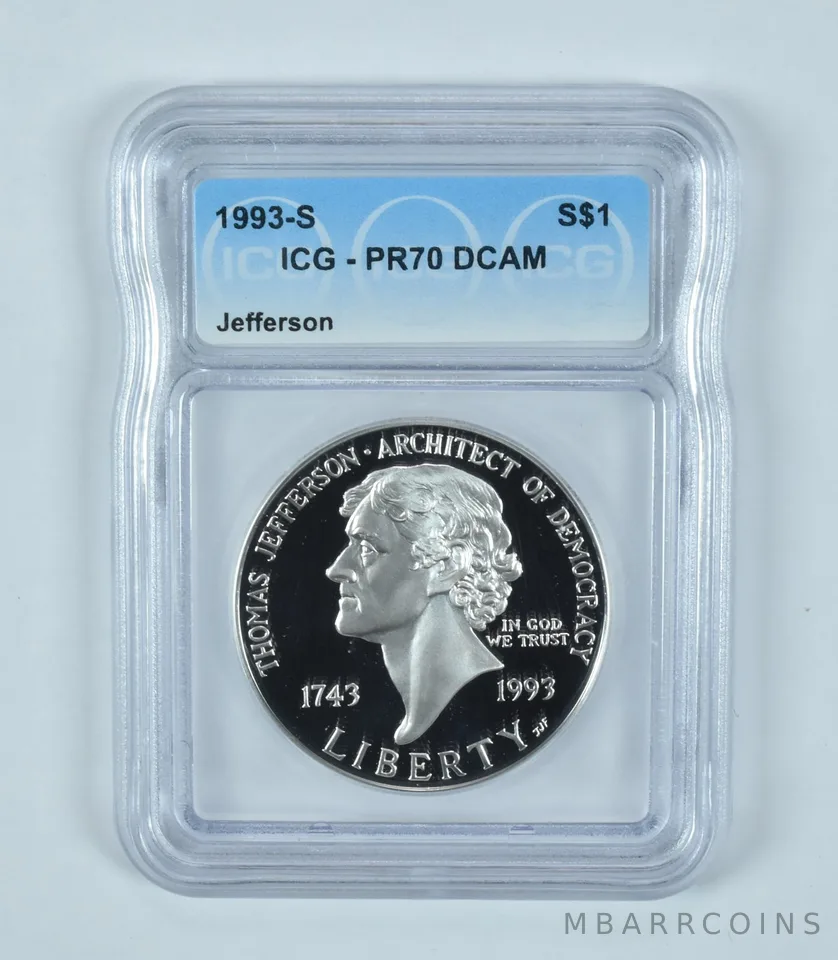1993-S Jefferson Commemorative Silver Dollar PR70 DCAM ICG