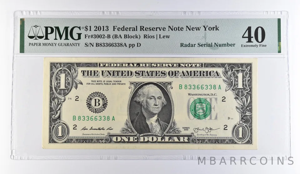 2013 $1 New York NY FRN Radar S/N Fr#3002-B Extremely Fine 40 PMG *9495