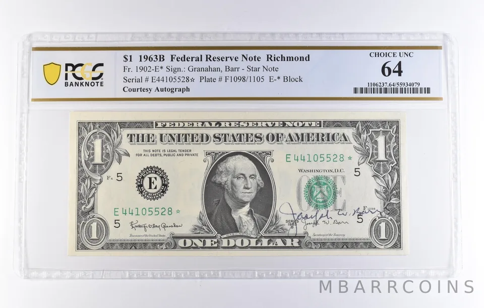 1963 B $1 Richmond VA FRN Star Fr#1902-E* Courtesy Autograph Unc 64 PCGS *8288