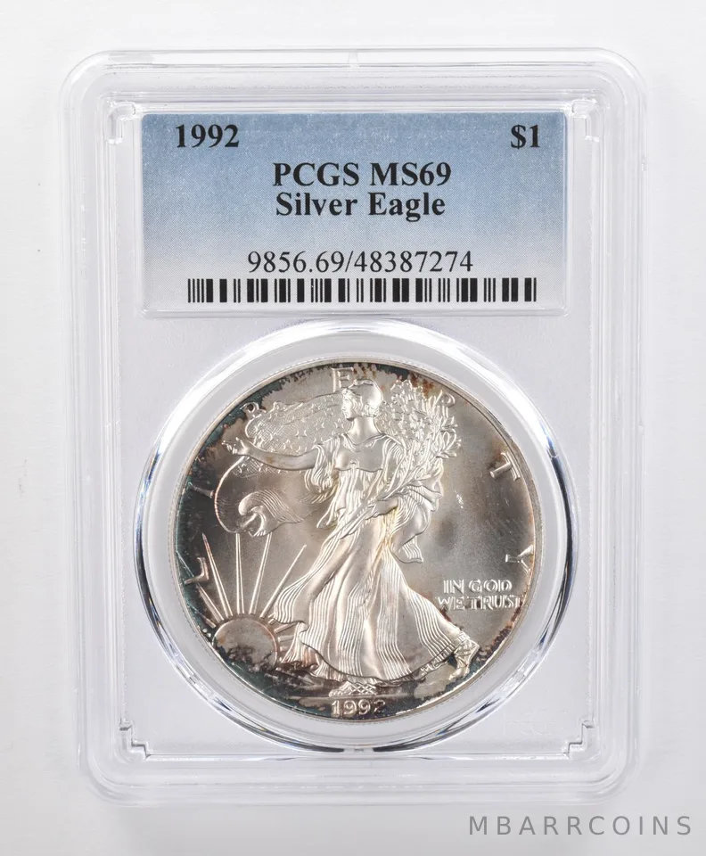 MS69 1992 American Silver Eagle PCGS Tone Blue Peripheral Crescent a0138