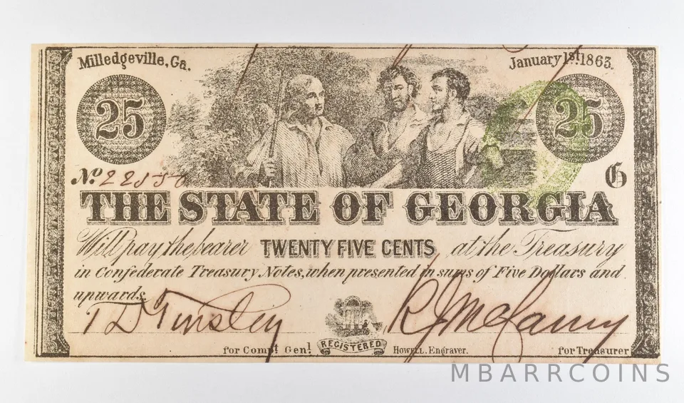 1863 25 Cents Milledgeville GA Obsolete Note *8906