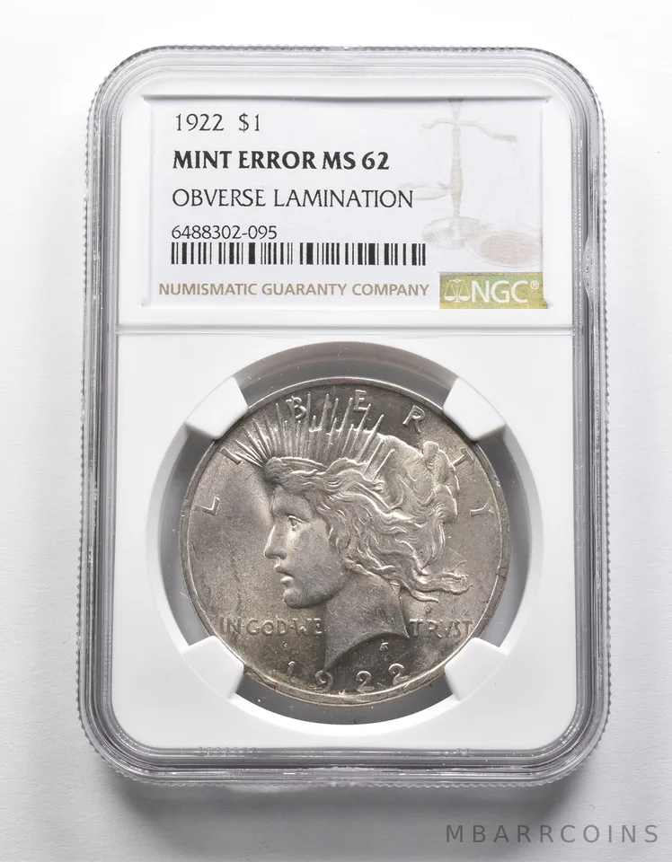 Mint Error MS62 1922 Peace Silver Dollar OBV Lamination NGC *1948