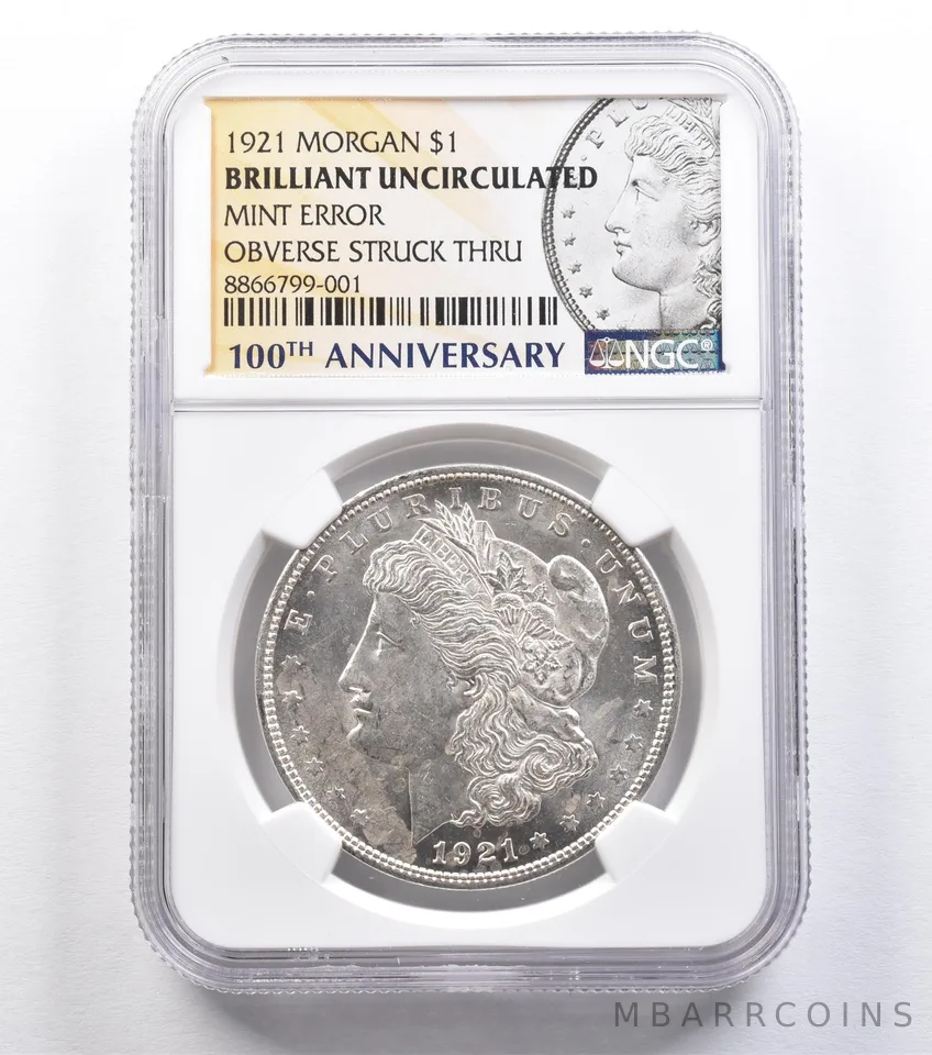 1921 Morgan Silver Dollar Mint Error Obverse Struck Thru BU NGC *2221