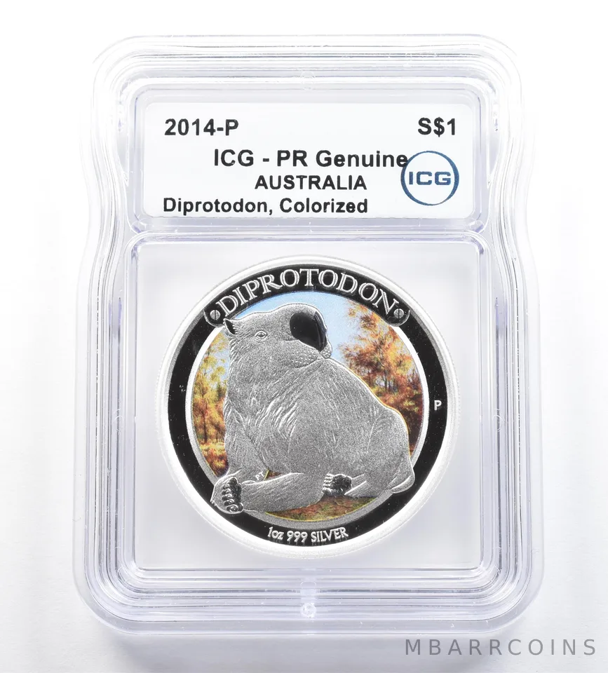 2014 P Australia 1 Dollar 1 Oz Silver Diprotodon Colorized PR Genuine ICG *5263
